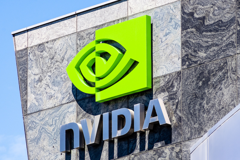 August 9, 2019 Santa Clara / CA / USA - The NVIDIA logo and symbol displayed on the facade of one of their office buildings located in the Company's campus in Silicon Valley